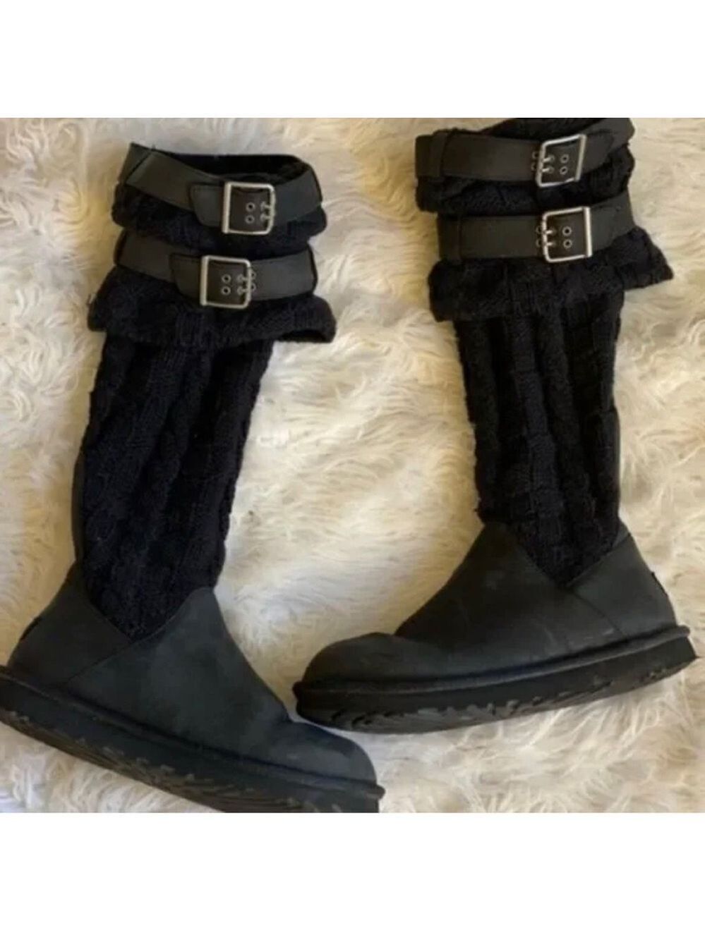 Ugg Casidee tall cable knit black knee high fold over double buckle 6